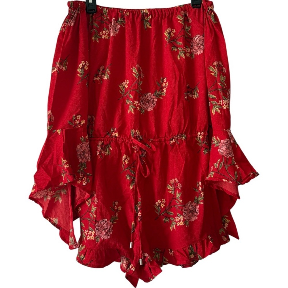 Feathers Red Floral Off The Shoulder Romper With Tie Waist